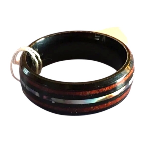 Men's Stainless Steel Ring Koa Wood-Grain Design Abalone Shell Stripe, Size 11 - Picture 1 of 12